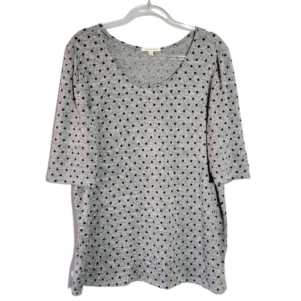 Dont Stop Believing Womens 1X Grey Black Polka Dot 3/4‎ Sleeve Scoop Neck Top